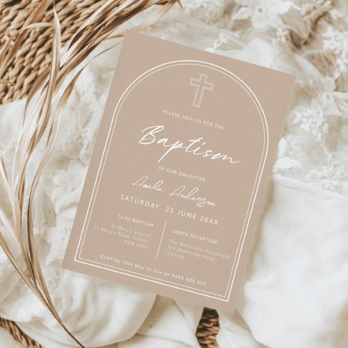 Minimalist simple arch beige baptism invitation