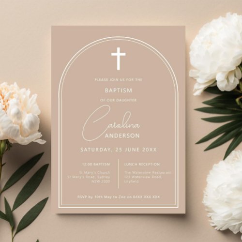 Minimalist simple arch beige baptism invitation