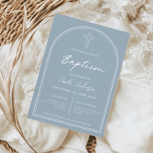 Minimalist simple arch blue baptism invitation