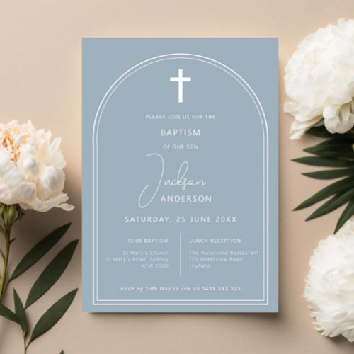 Minimalist simple arch blue baptism invitation