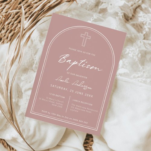 Minimalist simple arch pink baptism invitation