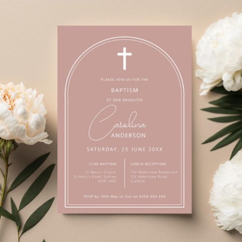 Minimalist simple arch pink baptism invitation