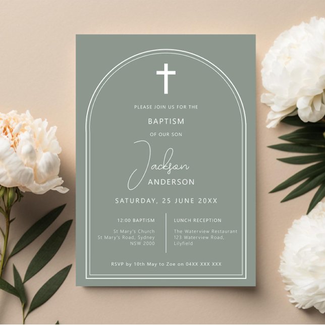 Minimalist simple arch sage baptism invitation (Creator Uploaded)