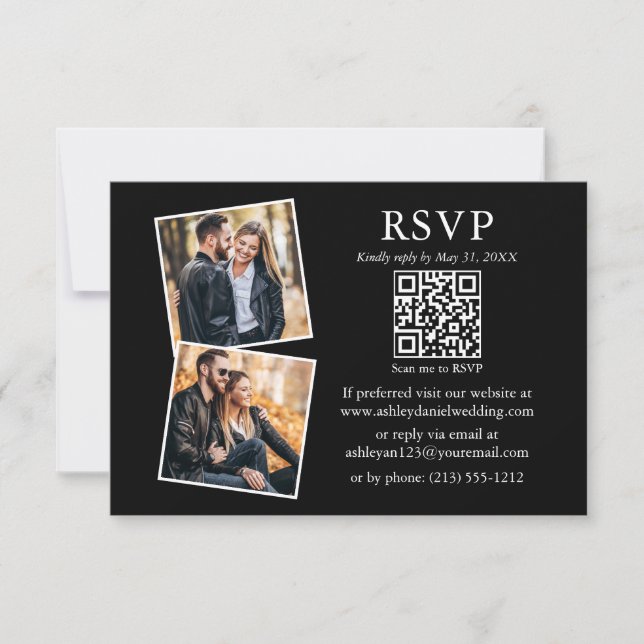 Minimalist Simple Black 2 Photo Wedding QR RSVP Card (Front)