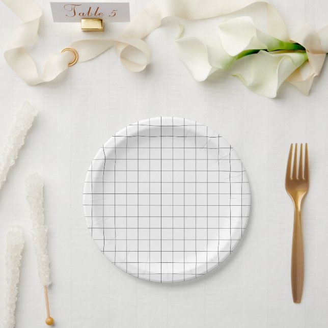 Minimalist simple black and white grid pattern paper plates (Wedding)