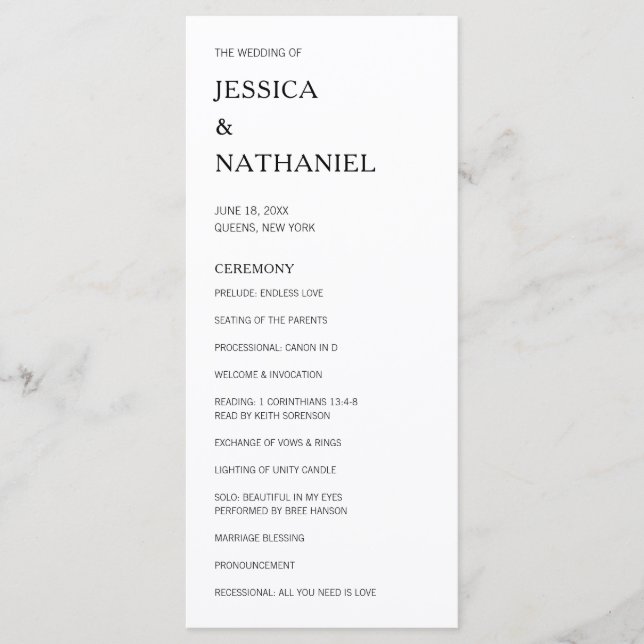 Minimalist Simple Black and White Modern Wedding Program (Front)