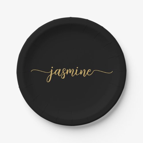 Minimalist Simple Black Gold Girly Monogram Script Paper Plates