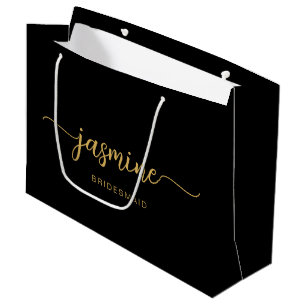 Minimalist Simple Black Gold Monogram Girly Script Large Gift Bag