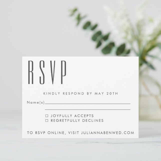 Minimalist Simple Black White Mid Century Modern RSVP Card (Standing Front)