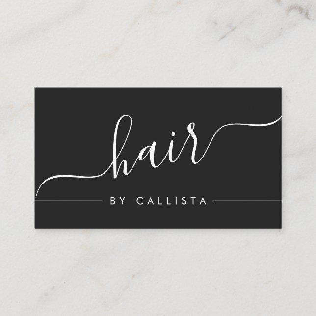 Minimalist Simple Black White Script Hair Business Card (Front)