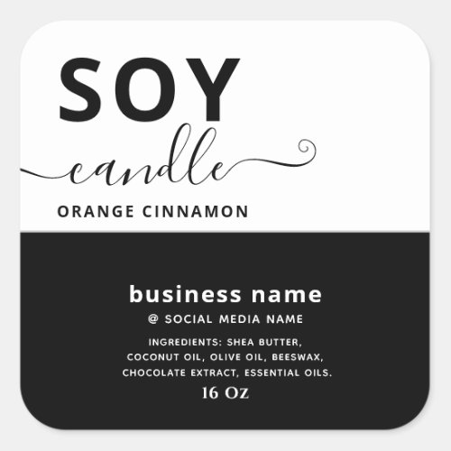 Minimalist simple black  white script soy candle square sticker