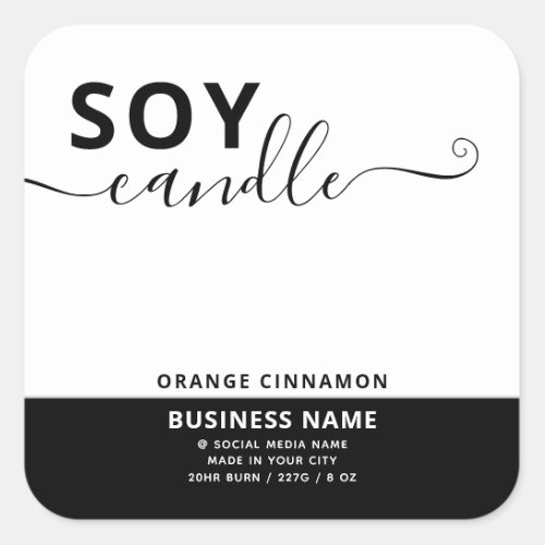 Minimalist simple black white script soy candle  square sticker