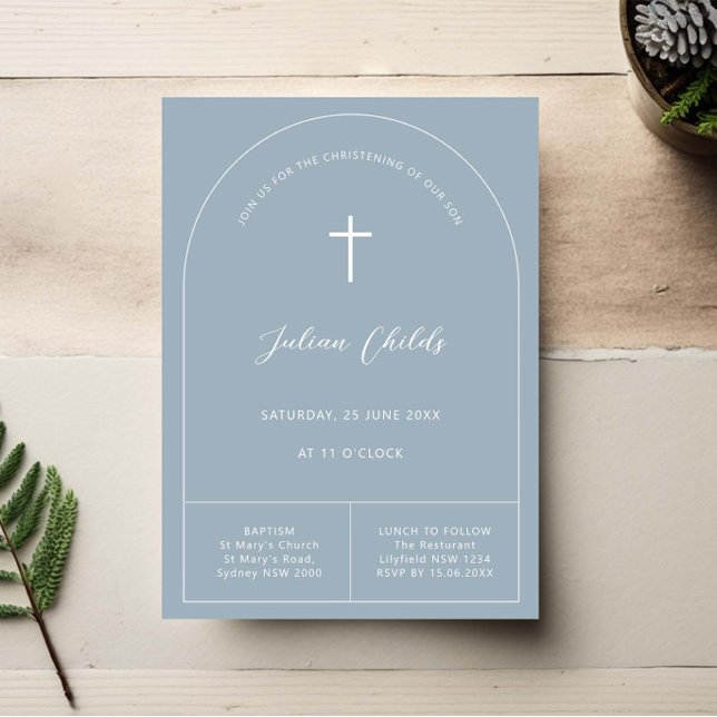 Minimalist simple blue arch baptism invitation (Creator Uploaded)