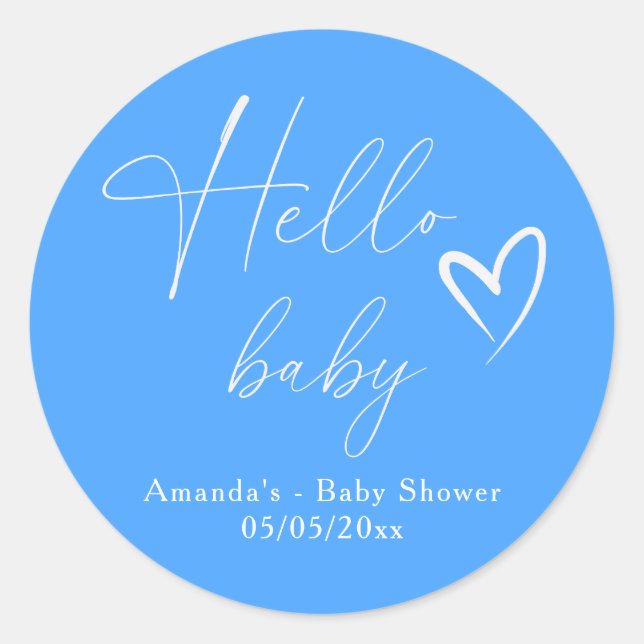 Minimalist Simple Blue Hello Baby Classic Round Sticker (Front)