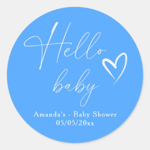 Minimalist Simple Blue Hello Baby Classic Round Sticker