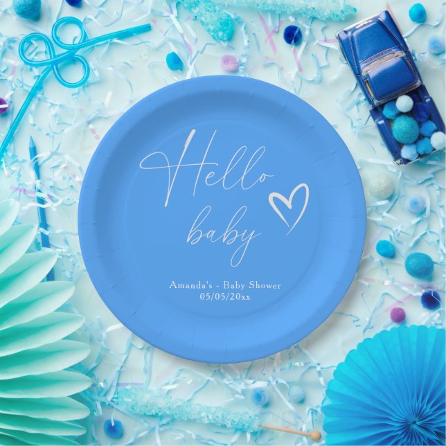 Minimalist Simple Blue Hello Baby Paper Plates (Party)