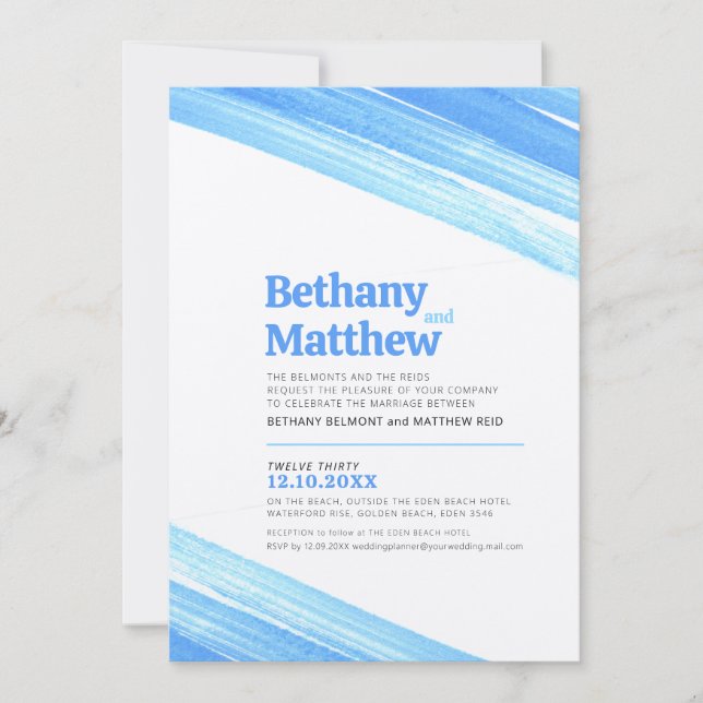 Minimalist simple blue ink stroke stripes invitation (Front)