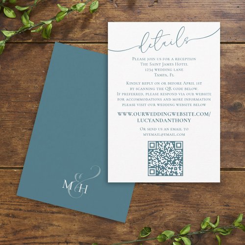 Minimalist Simple Blue Wedding Details QR Code Enclosure Card