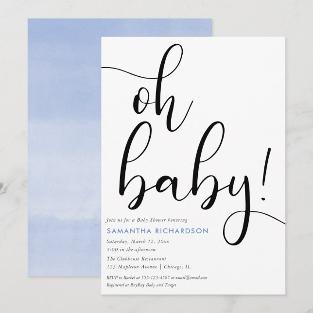 Minimalist simple blue white black boy baby shower invitation (Front/Back)