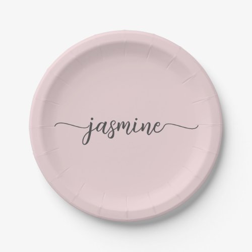 Minimalist Simple Blush Pink Girly Monogram Script Paper Plates