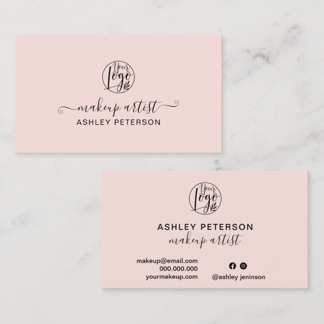 Minimalist simple blush pink logo makeup business card (Front/Back)