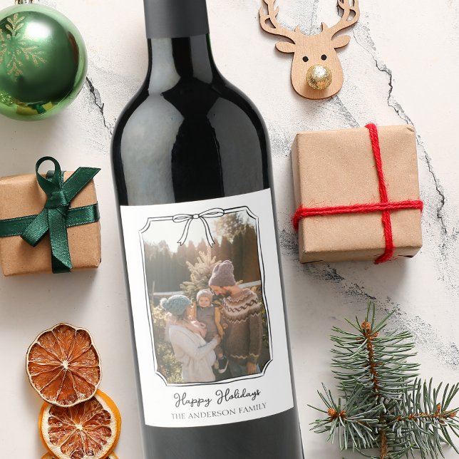 Minimalist Simple Bow Black and White Family Photo Wine Label (Creator Uploaded)