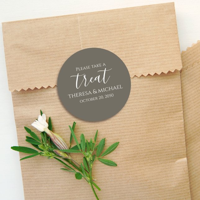 Minimalist Simple Brown Grey Wedding Take a Treat  Classic Round Sticker (Creator Uploaded)
