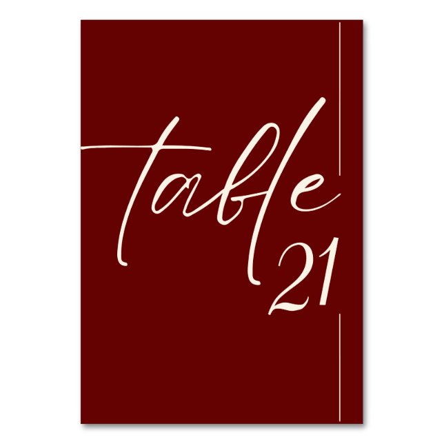 Minimalist simple Burgundy maroon and red Wedding Table Number (Front)