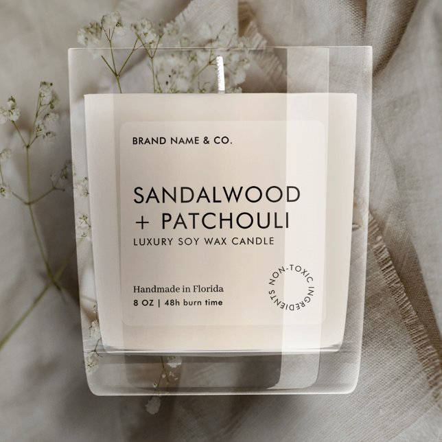 Minimalist Simple Candle Product Jar Transparent Square Sticker (Modern minimalist clear product stickers with fully editable text and layout)