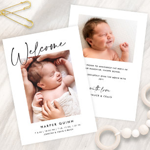 Minimalist Simple Chic Script Welcome Photo Birth Announcement