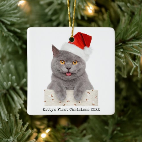 Minimalist Simple Christmas Modern Cat Photo Ceramic Ornament