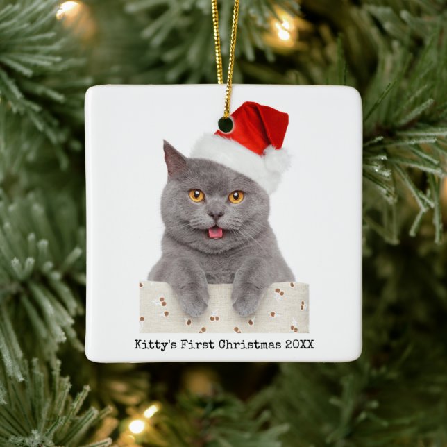 Minimalist Simple Christmas Modern Cat Photo Ceramic Ornament (Tree)