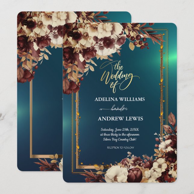 Minimalist Simple Cute Green Rose,Gold Frame  Invitation (Front/Back)