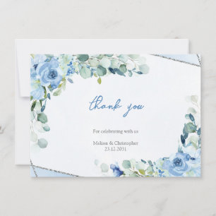 Minimalist simple Dusty Blue Floral Silver Frame Thank You Card