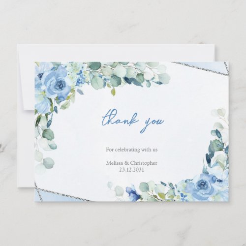 Minimalist simple Dusty Blue Floral Silver Frame   Thank You Card