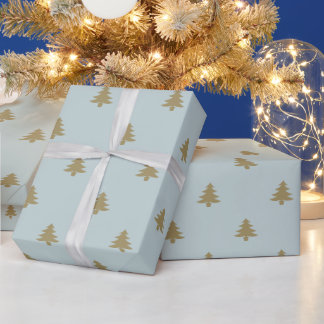 Minimalist simple dusty blue gold Christmas trees Wrapping Paper