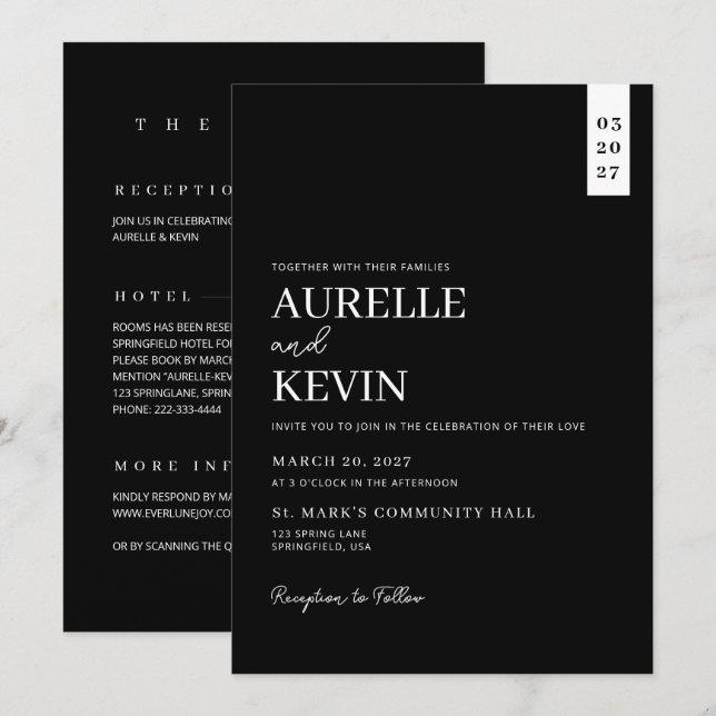 Minimalist Simple Elegant Black QR Code Wedding Invitation (Front/Back)