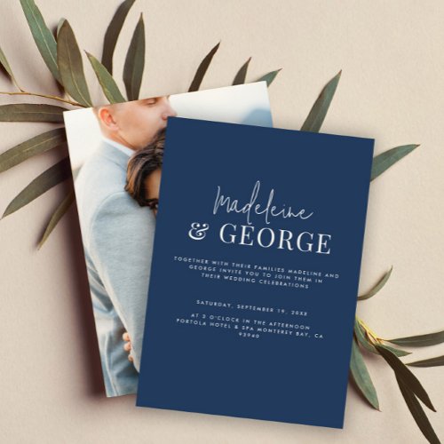 Minimalist simple elegant navy blue photo wedding invitation