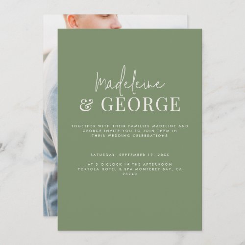 Minimalist simple elegant sage green photo wedding invitation