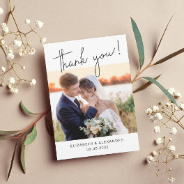 Minimalist Simple elegant script 2 Photo Wedding Thank You Card