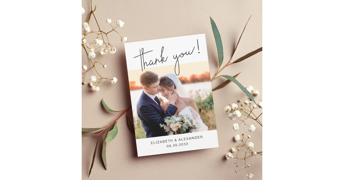 Minimalist Simple elegant script 2 Photo Wedding Thank You Card | Zazzle
