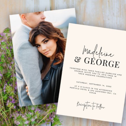 Minimalist simple elegant script photo wedding invitation