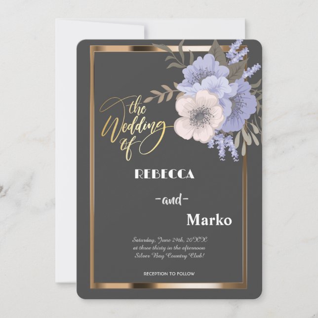 Minimalist Simple Floral,Gold Frame invitation  (Front)