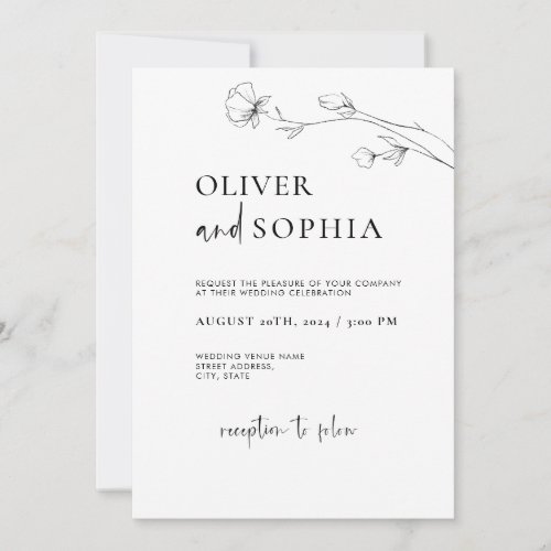 Minimalist Simple Floral Lineart Botanical Wedding Invitation