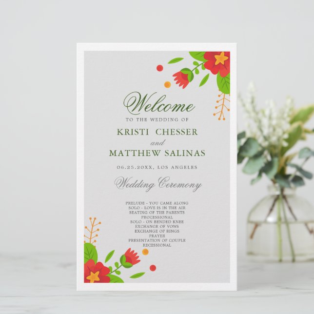 Minimalist Simple Floral Wedding Program Card (Standing Front)