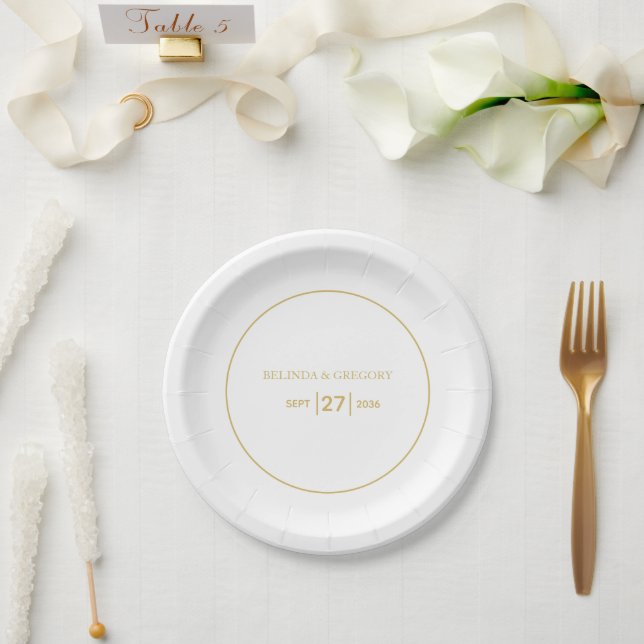 Minimalist Simple Gold Black & White Wedding  Paper Plates (Wedding)