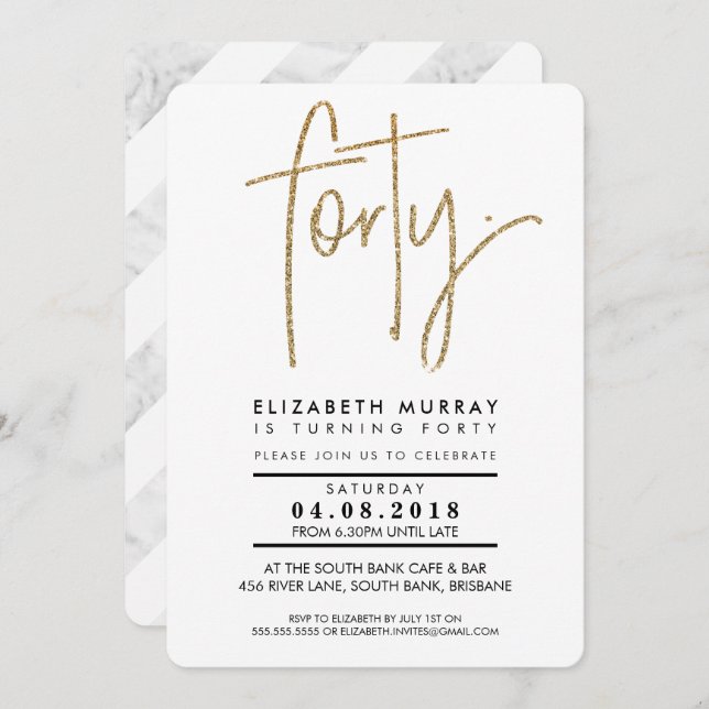 MINIMALIST simple gold glitter 40th FORTY INVITE (Front/Back)