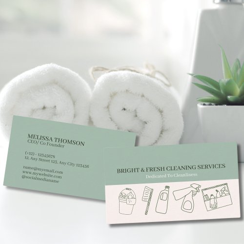 Minimalist Simple Green Cream Cleaning Services Business Card