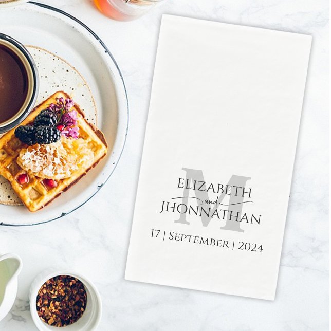 Minimalist Simple Grey Monogram Name Date Wedding Paper Guest Towels (Creator Uploaded)