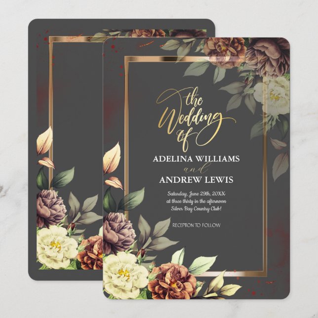 Minimalist Simple Grey, Rose Gold Frame Wedding Invitation (Front/Back)